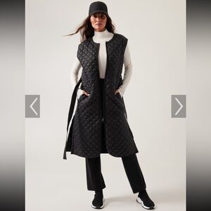 Athleta Black Quilted Longline Vest with Tie Belt